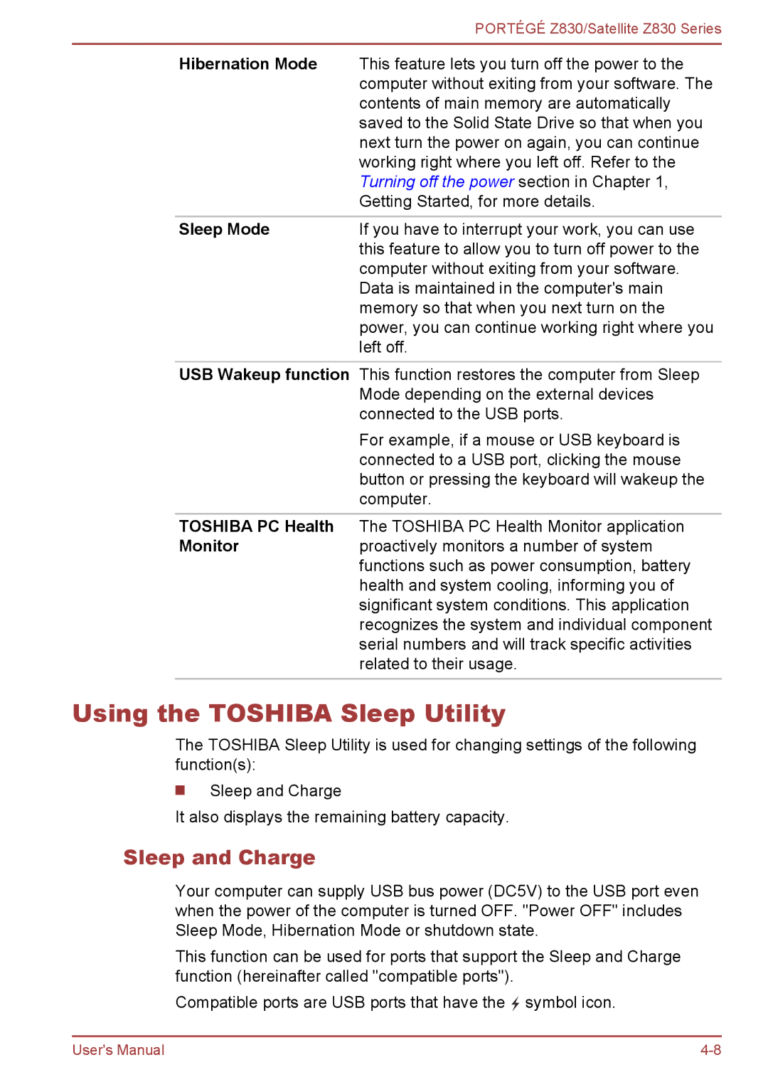 Toshiba Z830 user manual Using the Toshiba Sleep Utility, Sleep and Charge, Hibernation Mode, Sleep Mode 