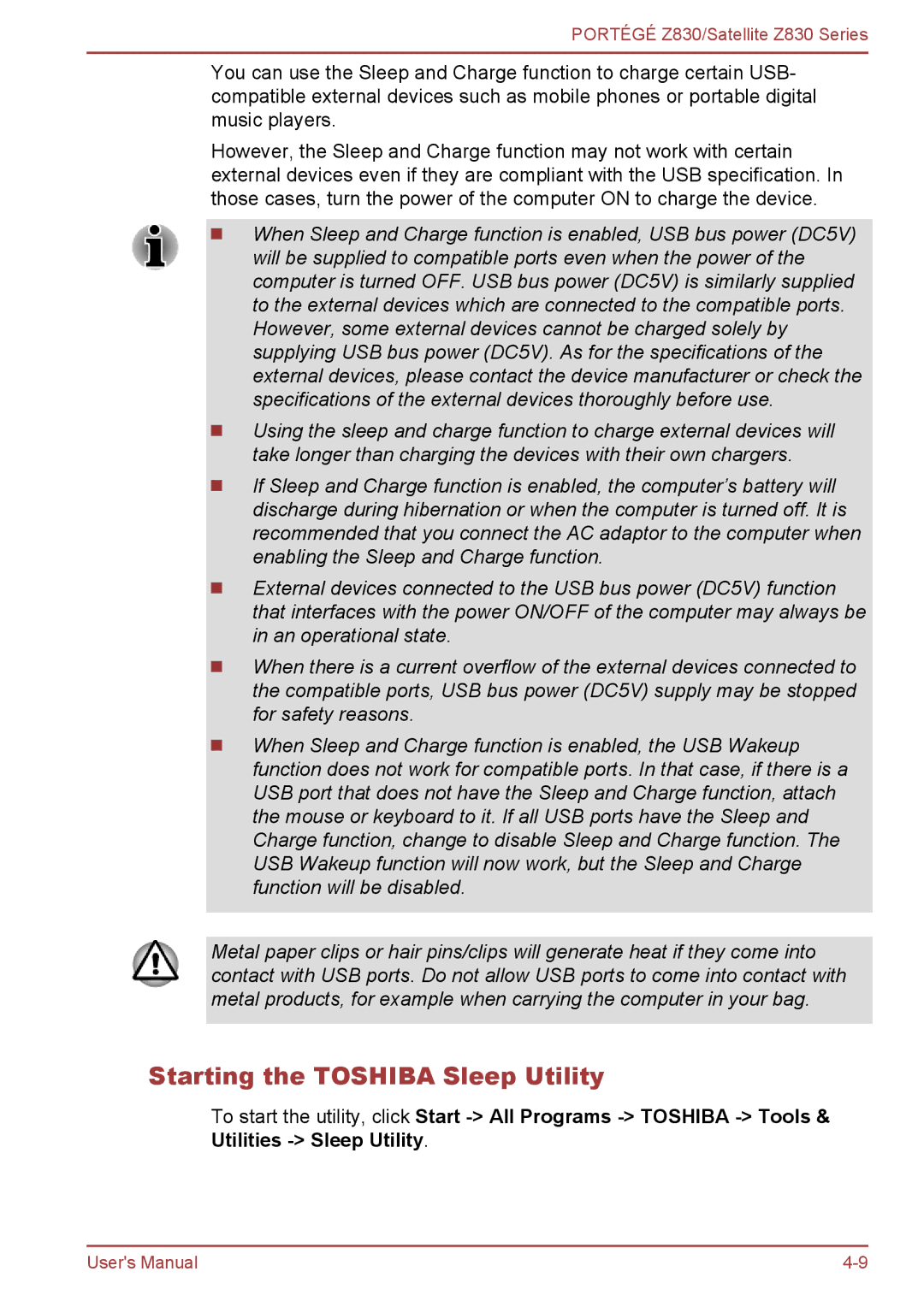 Toshiba Z830 user manual Starting the Toshiba Sleep Utility 