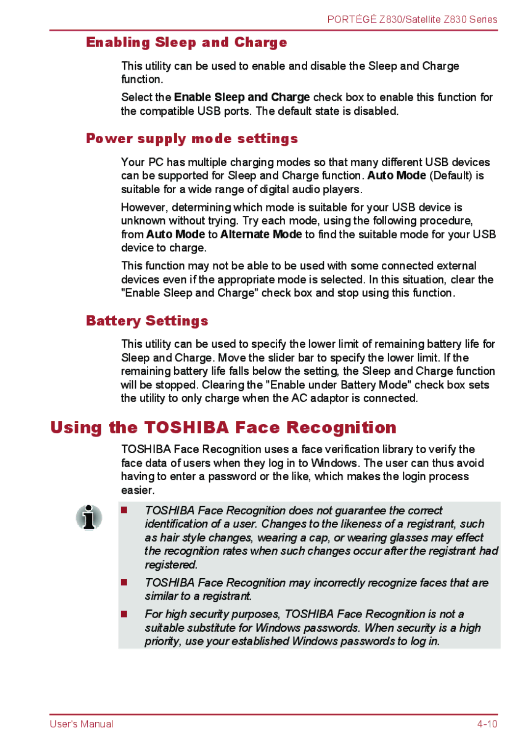 Toshiba Z830 Using the Toshiba Face Recognition, Enabling Sleep and Charge, Power supply mode settings, Battery Settings 