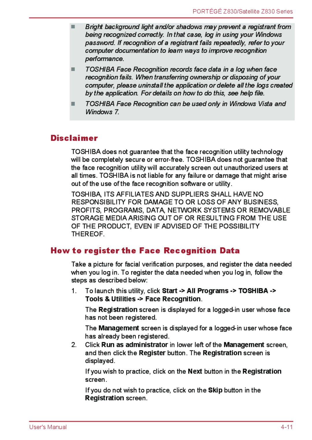 Toshiba Z830 user manual Disclaimer, How to register the Face Recognition Data 