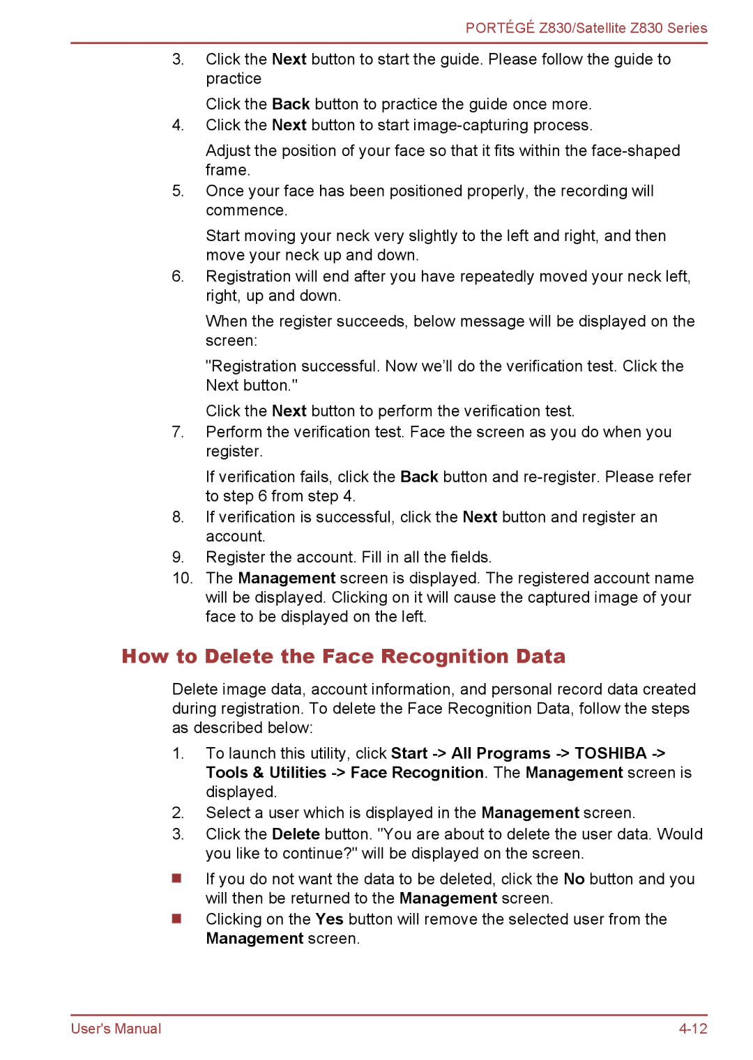 Toshiba Z830 user manual How to Delete the Face Recognition Data 