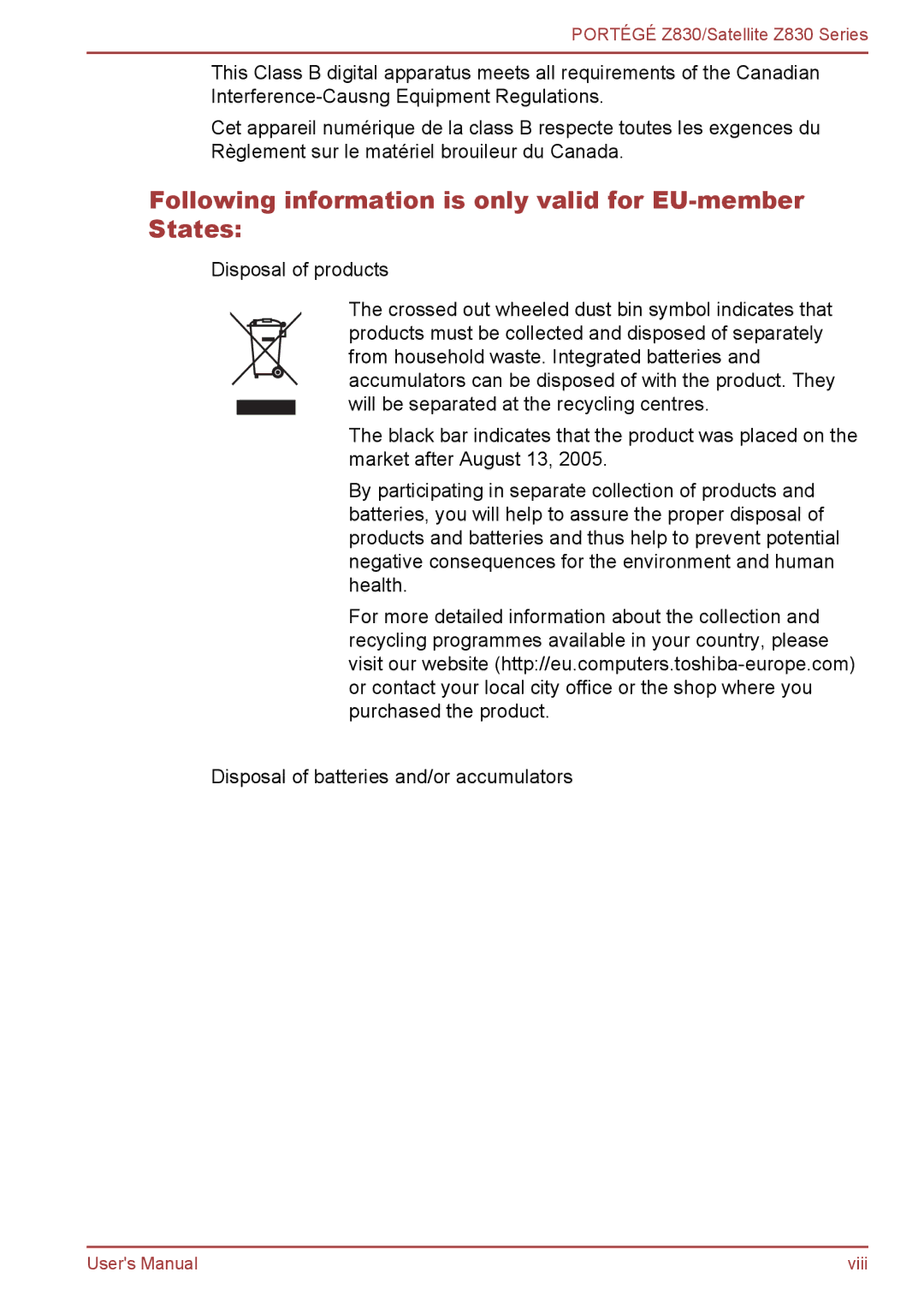 Toshiba Z830 user manual Following information is only valid for EU-member States 