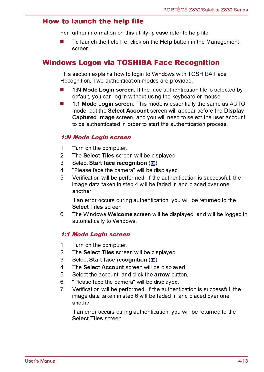 Toshiba Z830 user manual How to launch the help file, Windows Logon via Toshiba Face Recognition, 1N Mode Login screen 