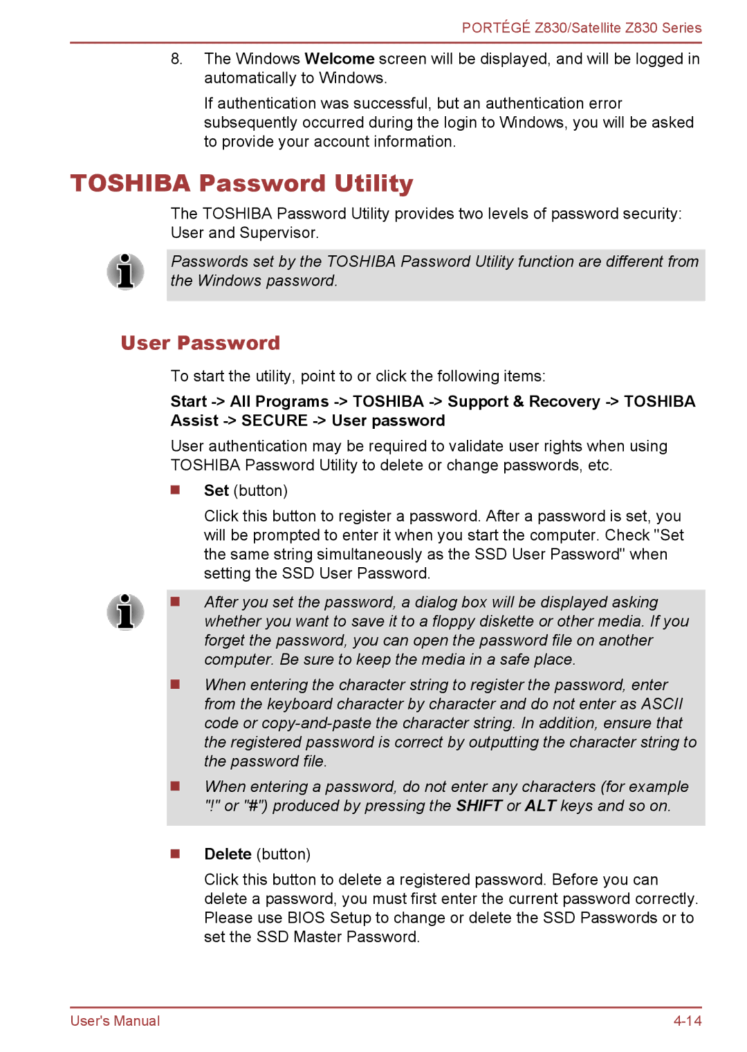 Toshiba Z830 user manual Toshiba Password Utility, User Password 