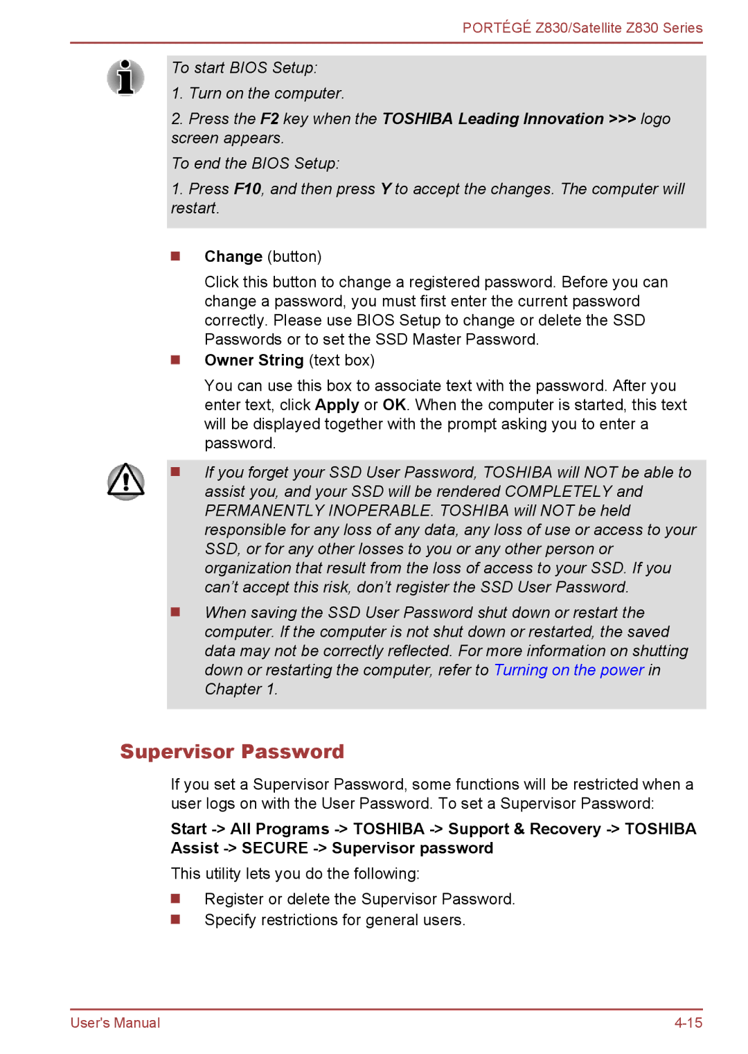 Toshiba Z830 user manual Supervisor Password, Owner String text box 