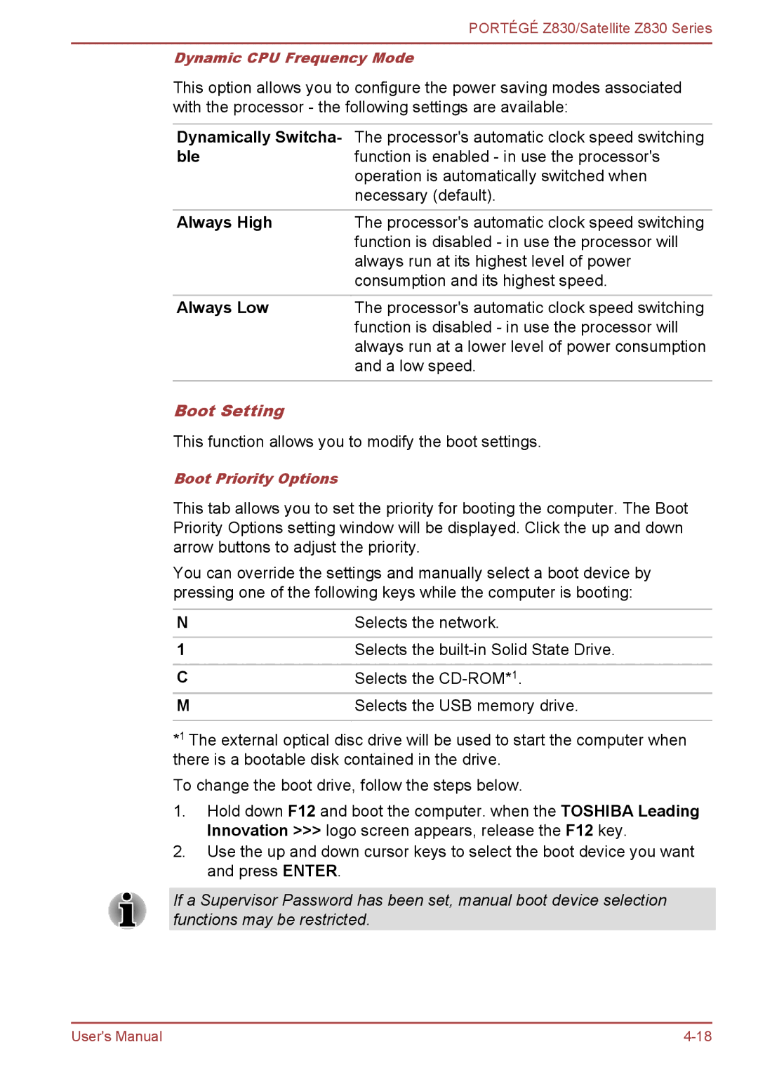 Toshiba Z830 user manual Ble, Always High, Always Low, Boot Setting 