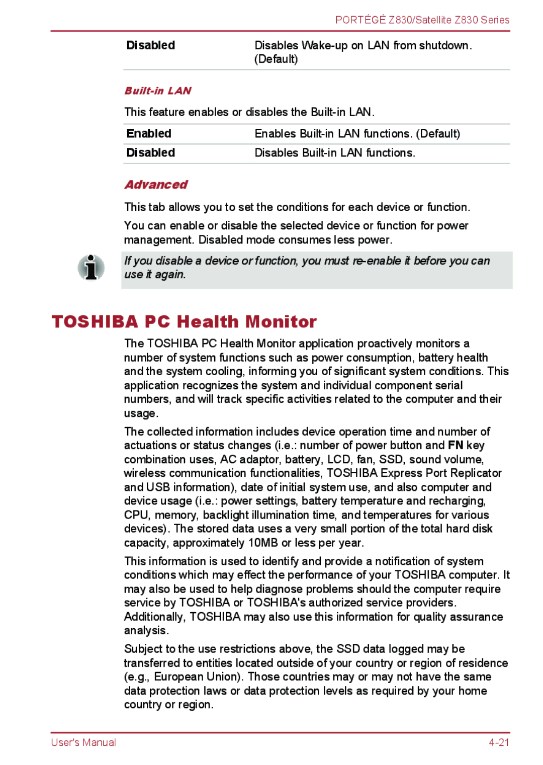 Toshiba Z830 user manual Toshiba PC Health Monitor, Advanced 