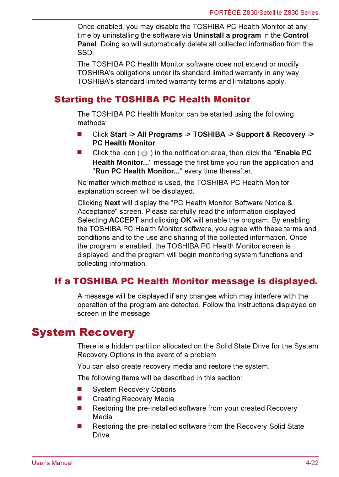 Toshiba Z830 System Recovery, Starting the Toshiba PC Health Monitor, If a Toshiba PC Health Monitor message is displayed 