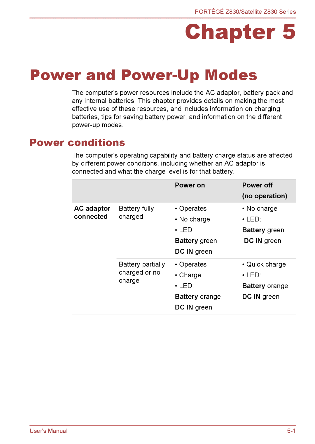 Toshiba Z830 user manual Power and Power-Up Modes, Power conditions 