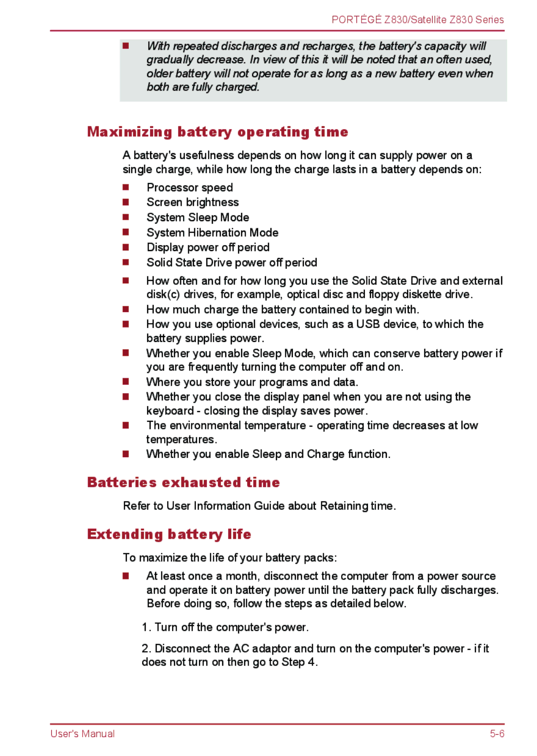 Toshiba Z830 user manual Maximizing battery operating time, Batteries exhausted time, Extending battery life 
