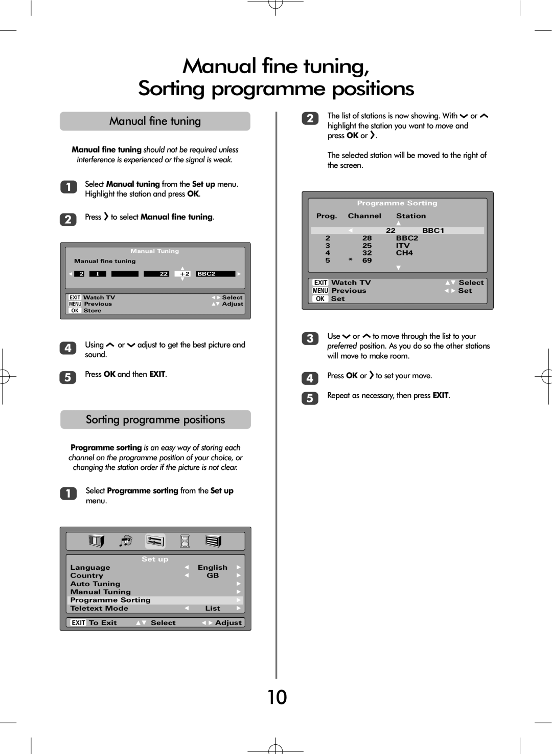 Toshiba ZH36 Series Manual fine tuning Sorting programme positions, Select Programme sorting from the Set up menu 