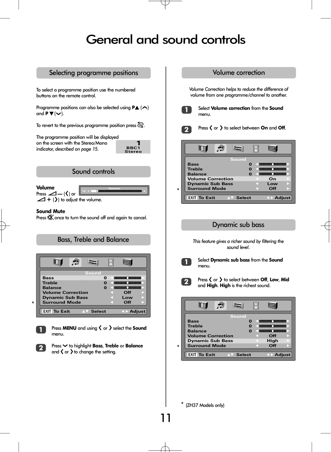 Toshiba ZH37 Series, ZH36 Series owner manual General and sound controls 