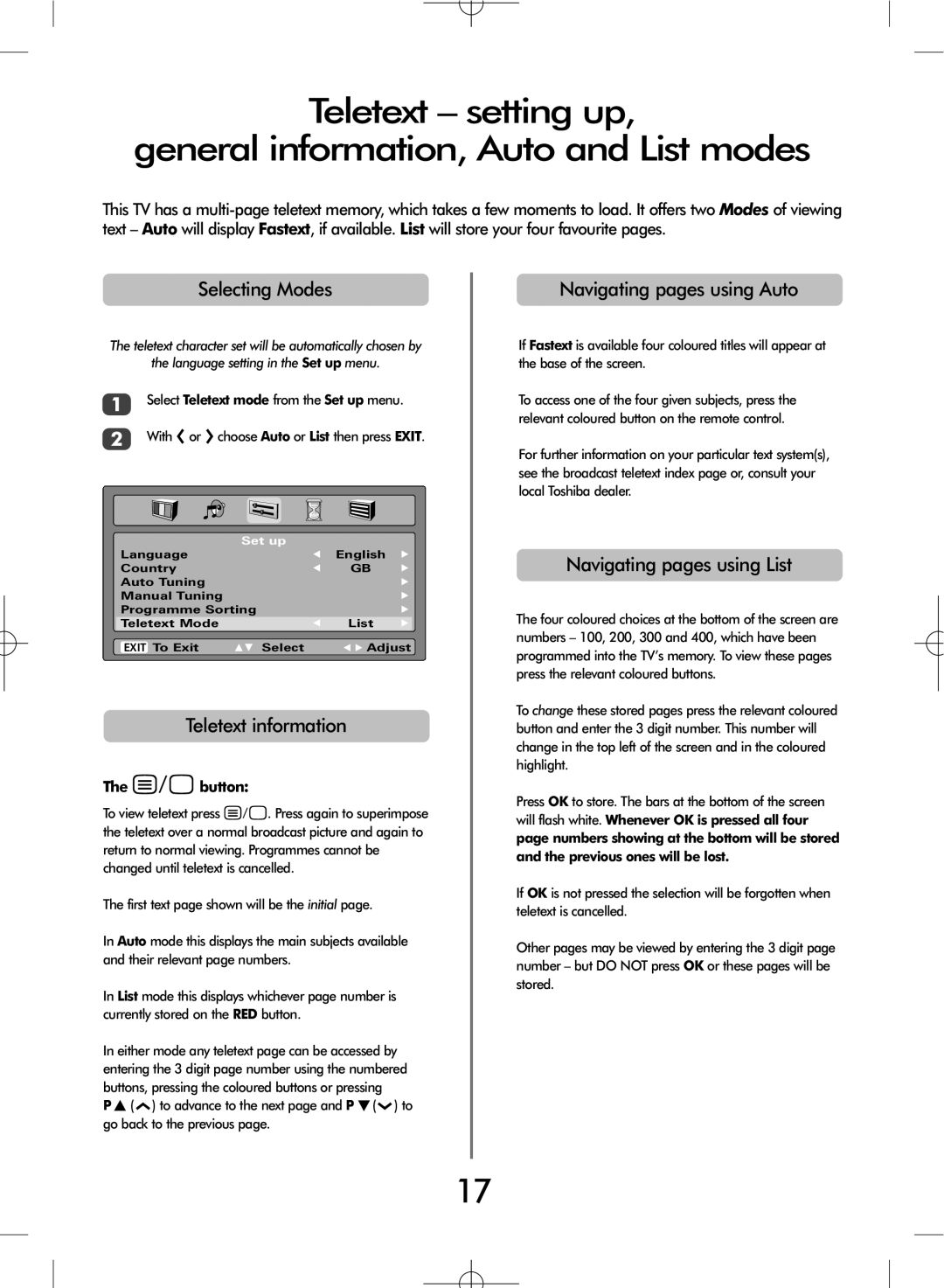 Toshiba ZH37 Series Selecting Modes, Teletext information, Navigating pages using Auto, Navigating pages using List 