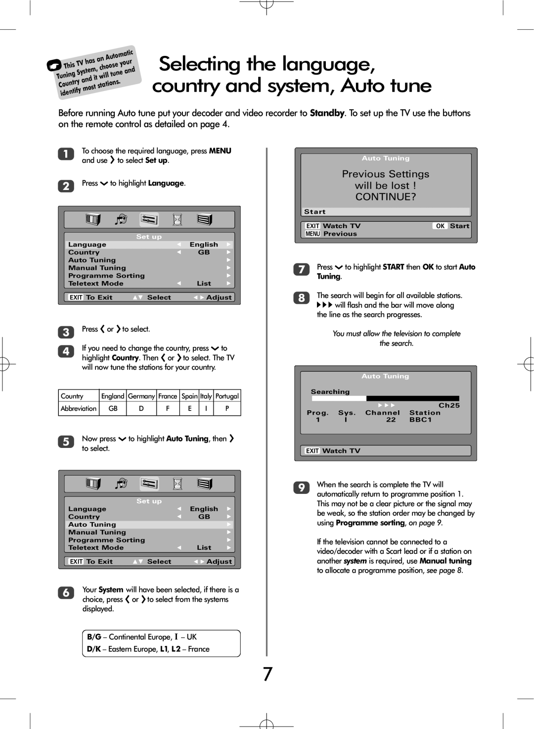 Toshiba ZH37 Series, ZH36 Series owner manual Selecting the language, country and system, Auto tune, Press S or Rto select 