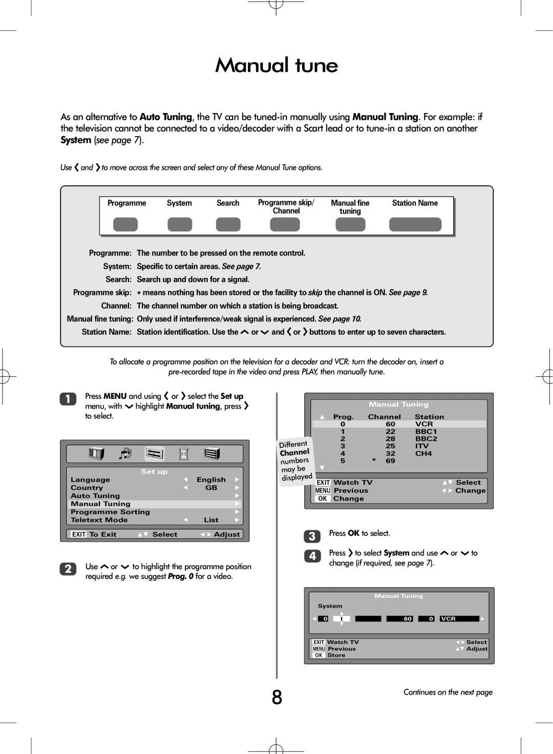 Toshiba ZH36 Series, ZH37 Series owner manual Manual tune, Programme System Search, Station Name, Manual Tuning 