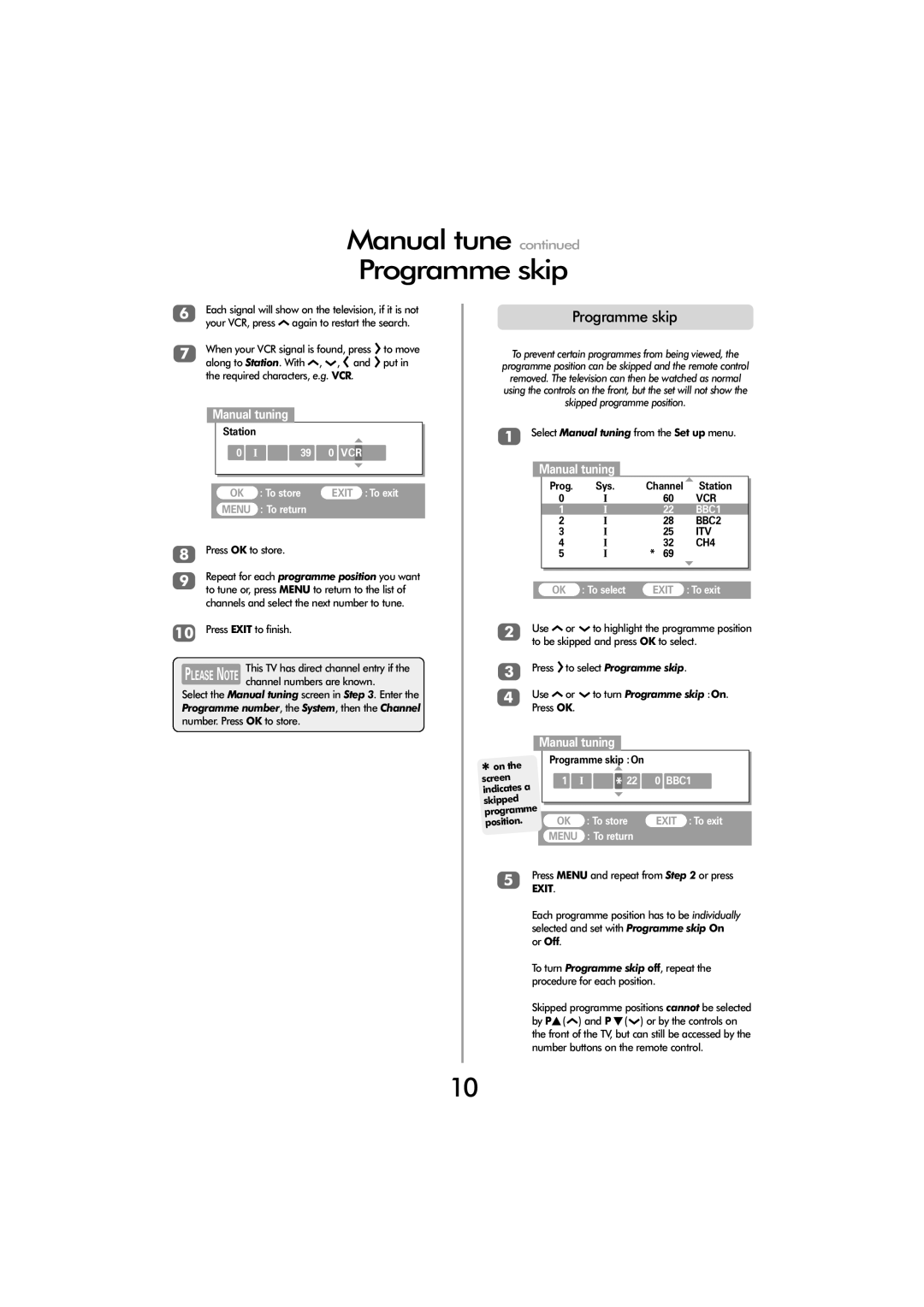 Toshiba ZP38 Series owner manual Manual tune Programme skip, Press OK to store, Select Manual tuning from the Set up menu 