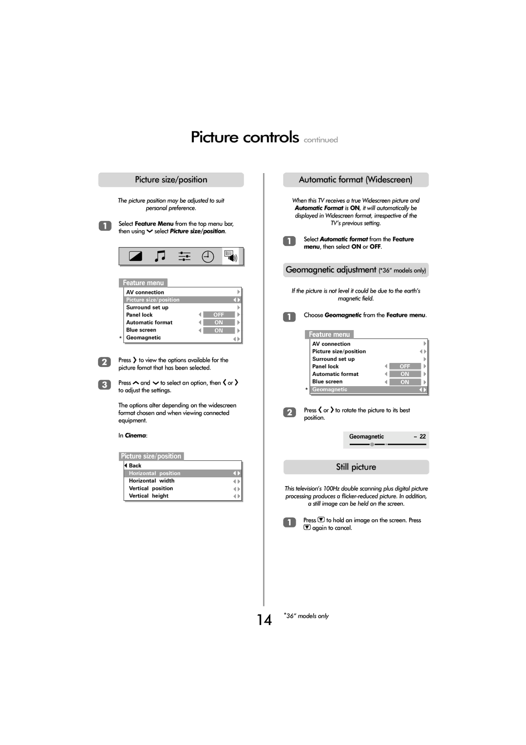 Toshiba ZP38 Series owner manual Picture size/position, Automatic format Widescreen, Geomagnetic adjustment *36 models only 