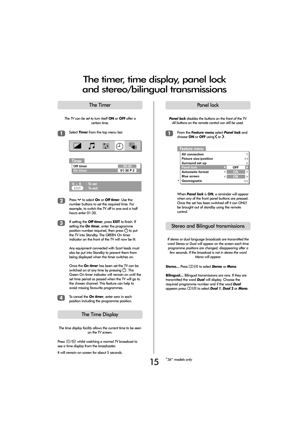 Toshiba ZP38 Series owner manual Timer, Time Display, Panel lock, Stereo and Bilingual transmissions 