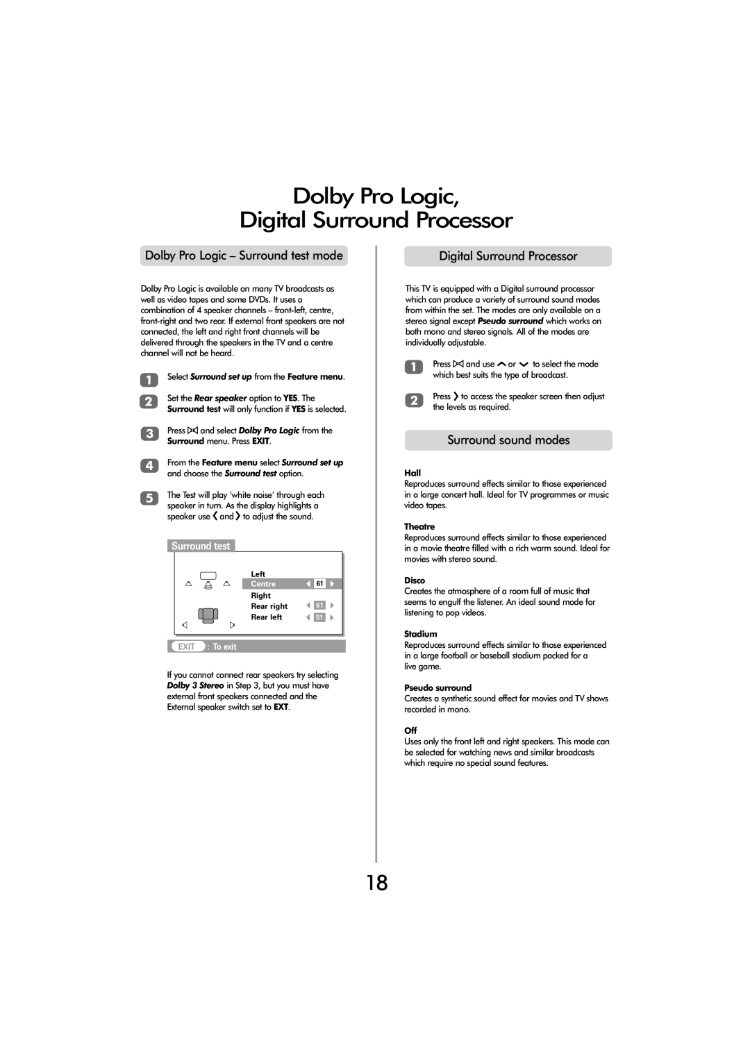 Toshiba ZP38 Series Dolby Pro Logic Digital Surround Processor, Dolby Pro Logic Surround test mode, Surround sound modes 