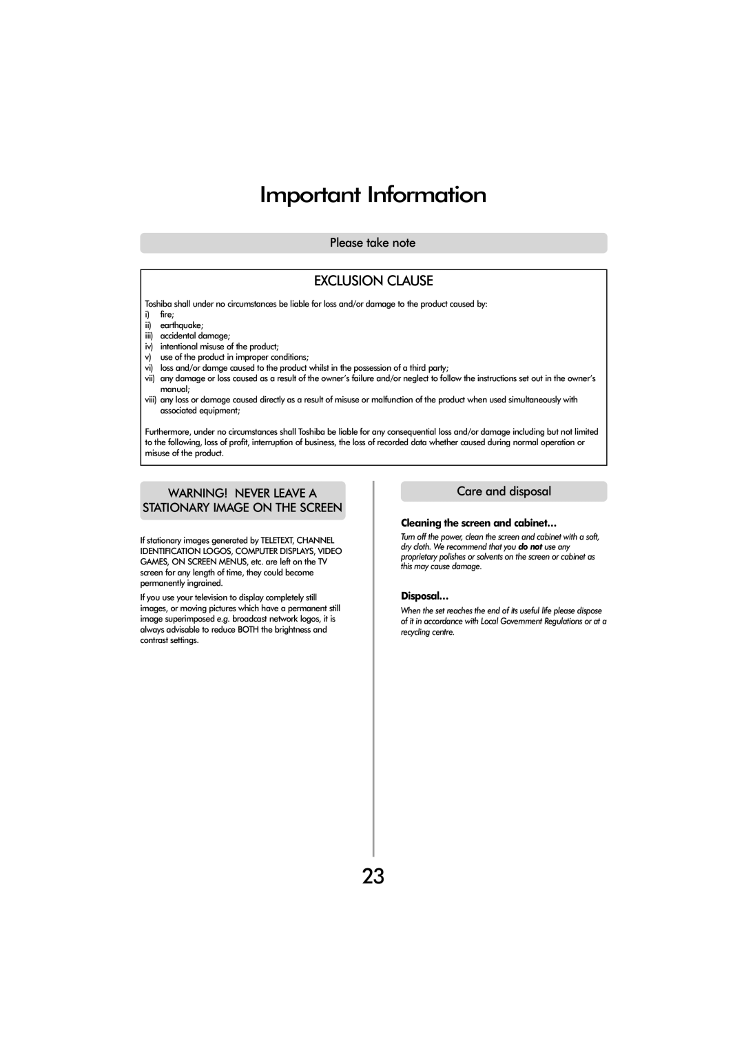 Toshiba ZP38 Series owner manual Important Information, Please take note, Care and disposal 