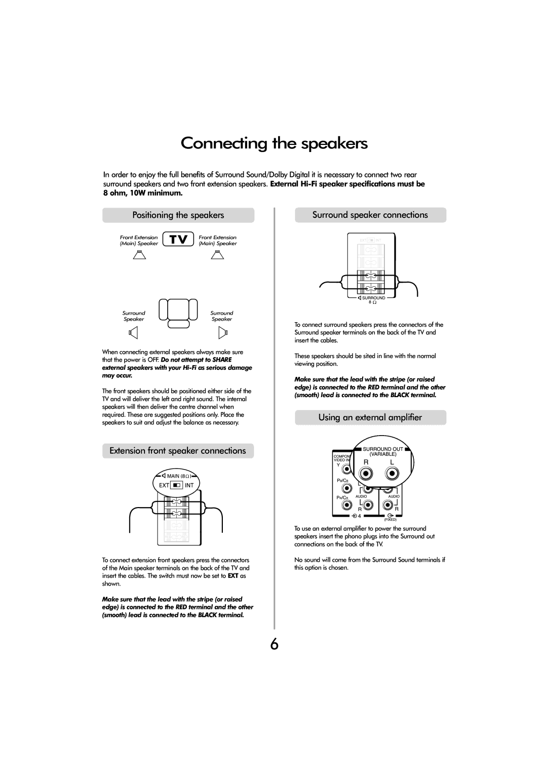 Toshiba ZP38 Series owner manual Connecting the speakers, Positioning the speakers, Extension front speaker connections 