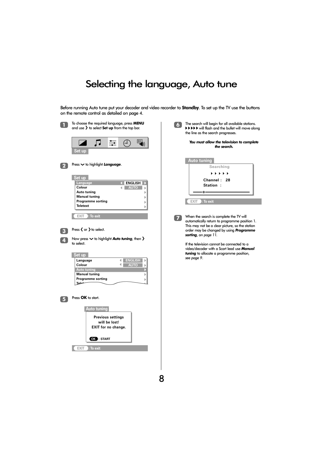 Toshiba ZP38 Series owner manual Selecting the language, Auto tune, Set up, Auto tuning, Channel Station 