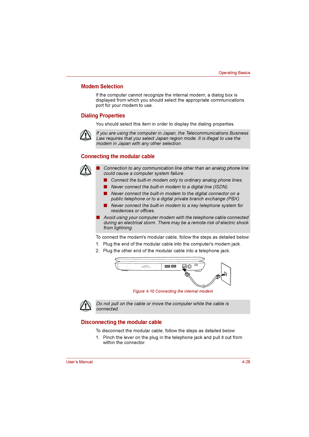 Toshiba toshiba satellite l550/ satellite pro l550/ satellite l550d/ satellite pro l550d series user manual Modem Selection 