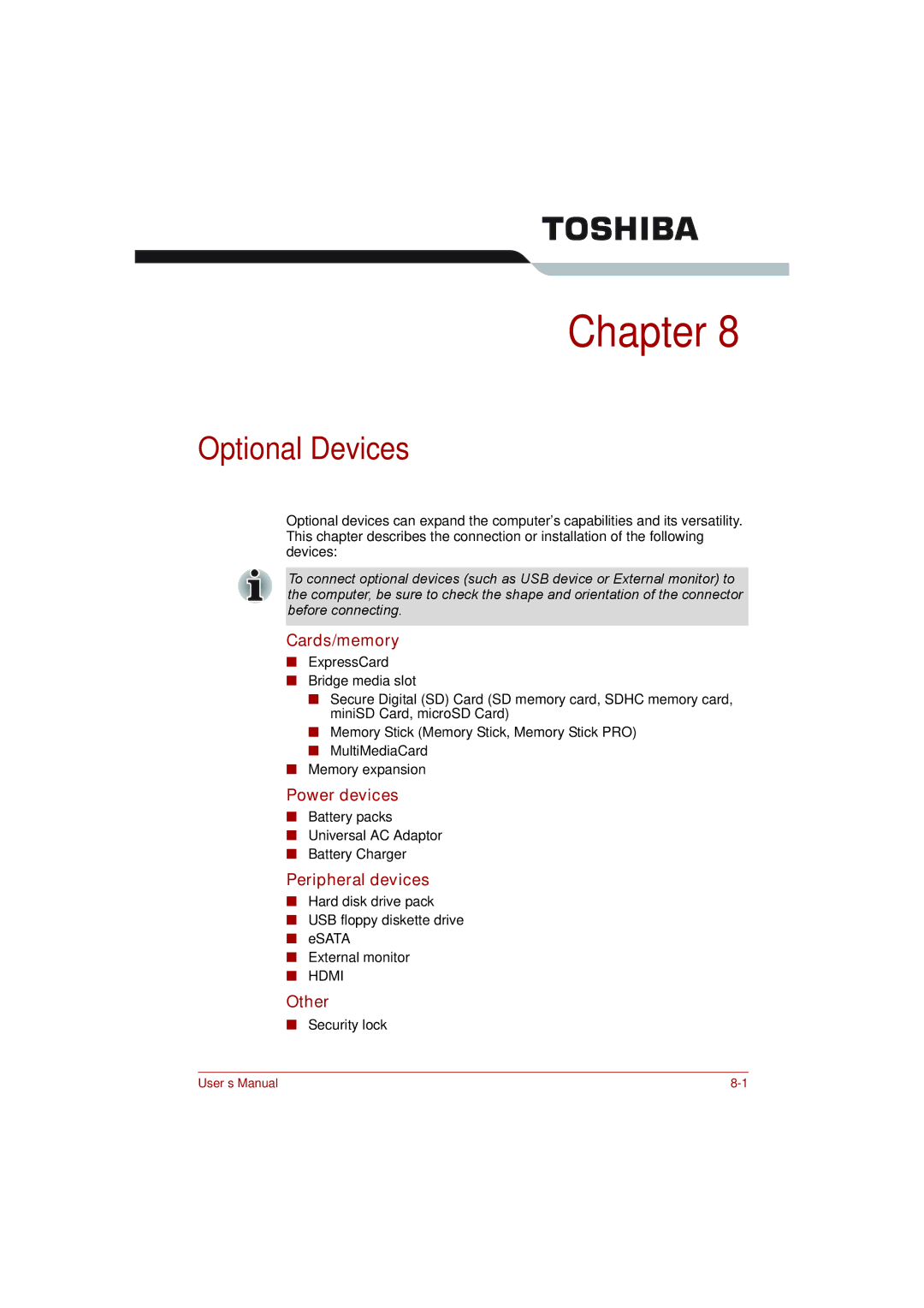 Toshiba toshiba satellite l550/ satellite pro l550/ satellite l550d/ satellite pro l550d series Optional Devices, Other 