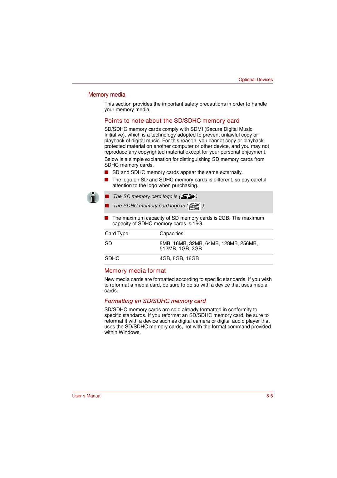 Toshiba toshiba satellite l550/ satellite pro l550/ satellite l550d/ satellite pro l550d series user manual Memory media 