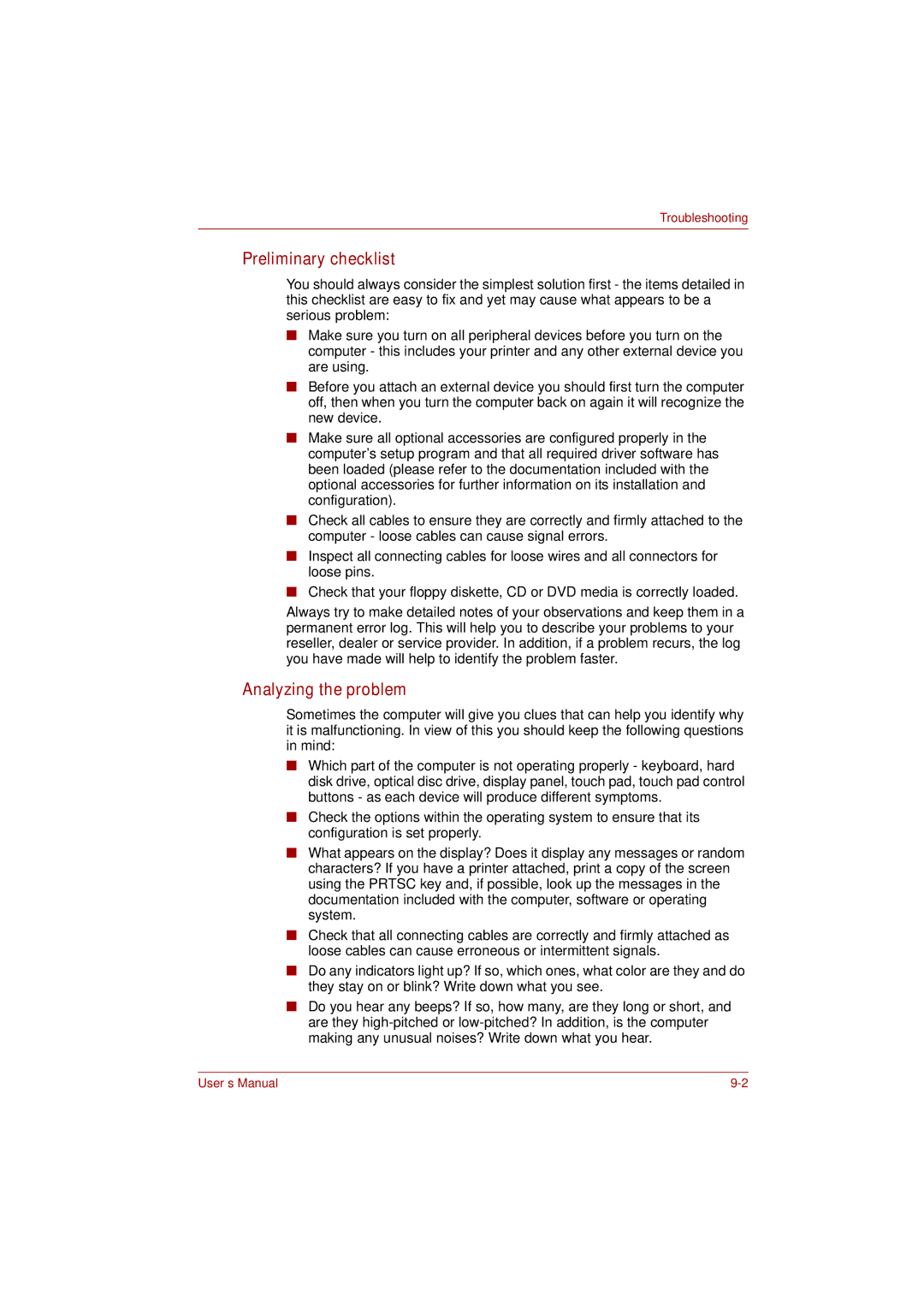 Toshiba toshiba satellite l550/ satellite pro l550/ satellite l550d/ satellite pro l550d series Preliminary checklist 