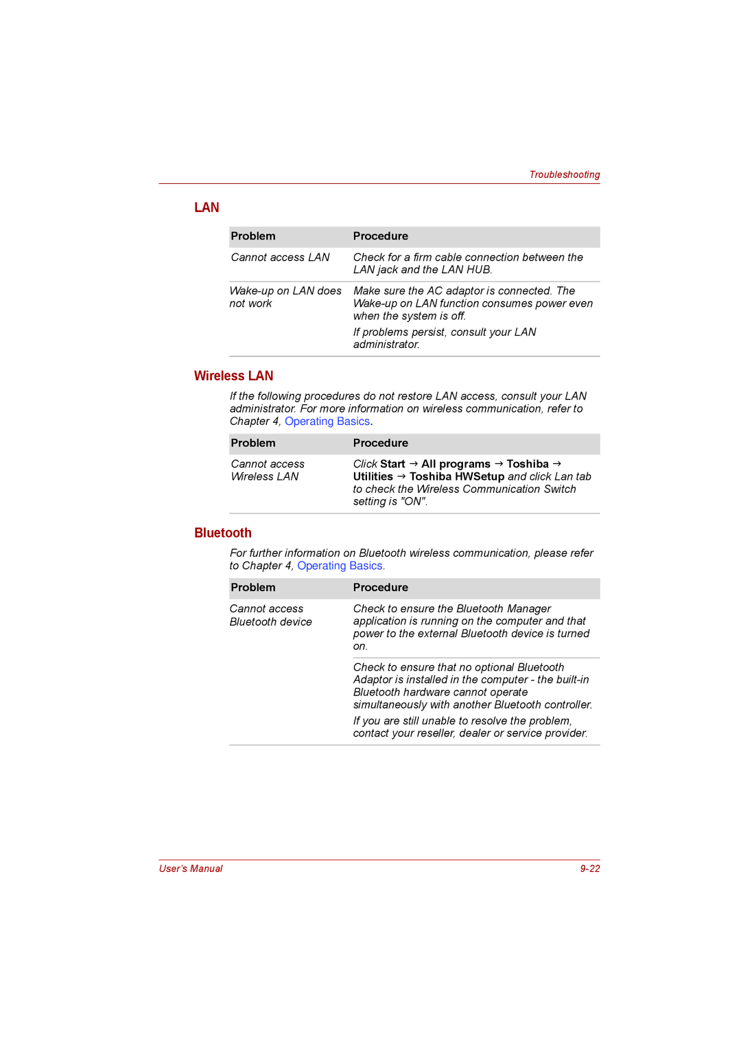 Toshiba toshiba satellite l550/ satellite pro l550/ satellite l550d/ satellite pro l550d series user manual Lan, Bluetooth 