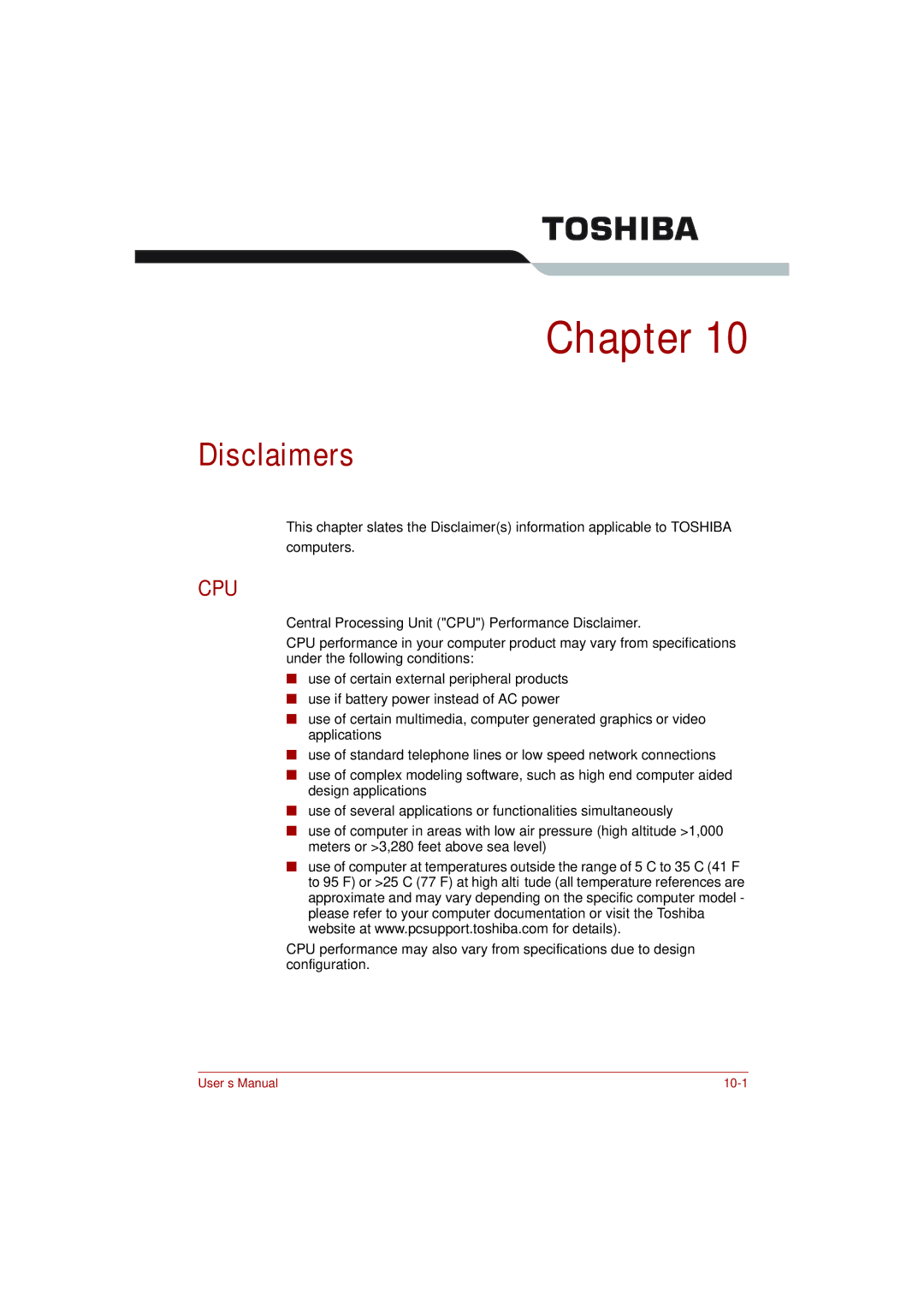 Toshiba toshiba satellite l550/ satellite pro l550/ satellite l550d/ satellite pro l550d series Disclaimers, Cpu 