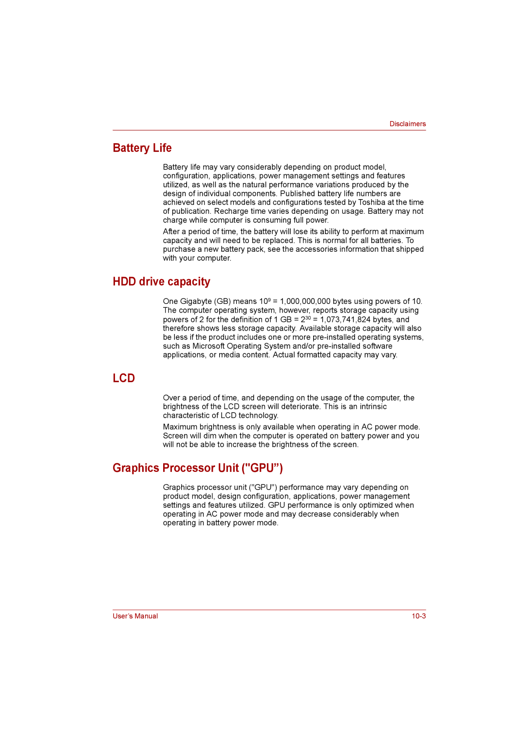 Toshiba toshiba satellite l550/ satellite pro l550/ satellite l550d/ satellite pro l550d series user manual Battery Life 