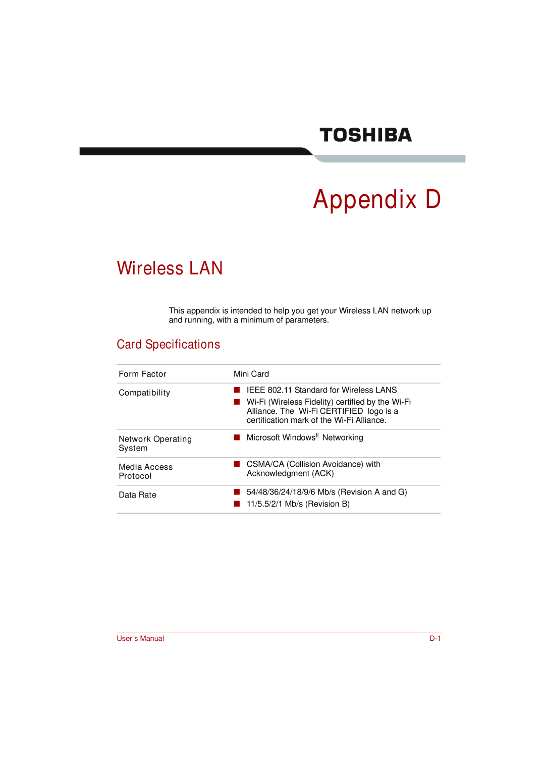 Toshiba toshiba satellite l550/ satellite pro l550/ satellite l550d/ satellite pro l550d series user manual Wireless LAN 