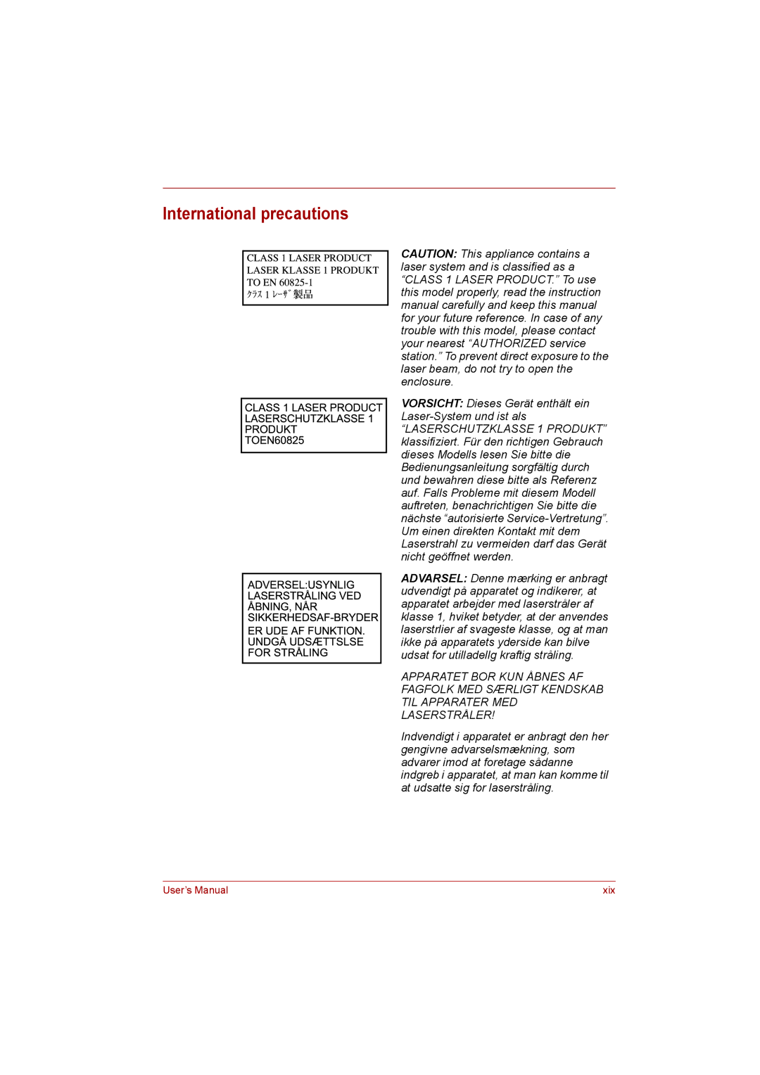 Toshiba toshiba satellite l550/ satellite pro l550/ satellite l550d/ satellite pro l550d series International precautions 