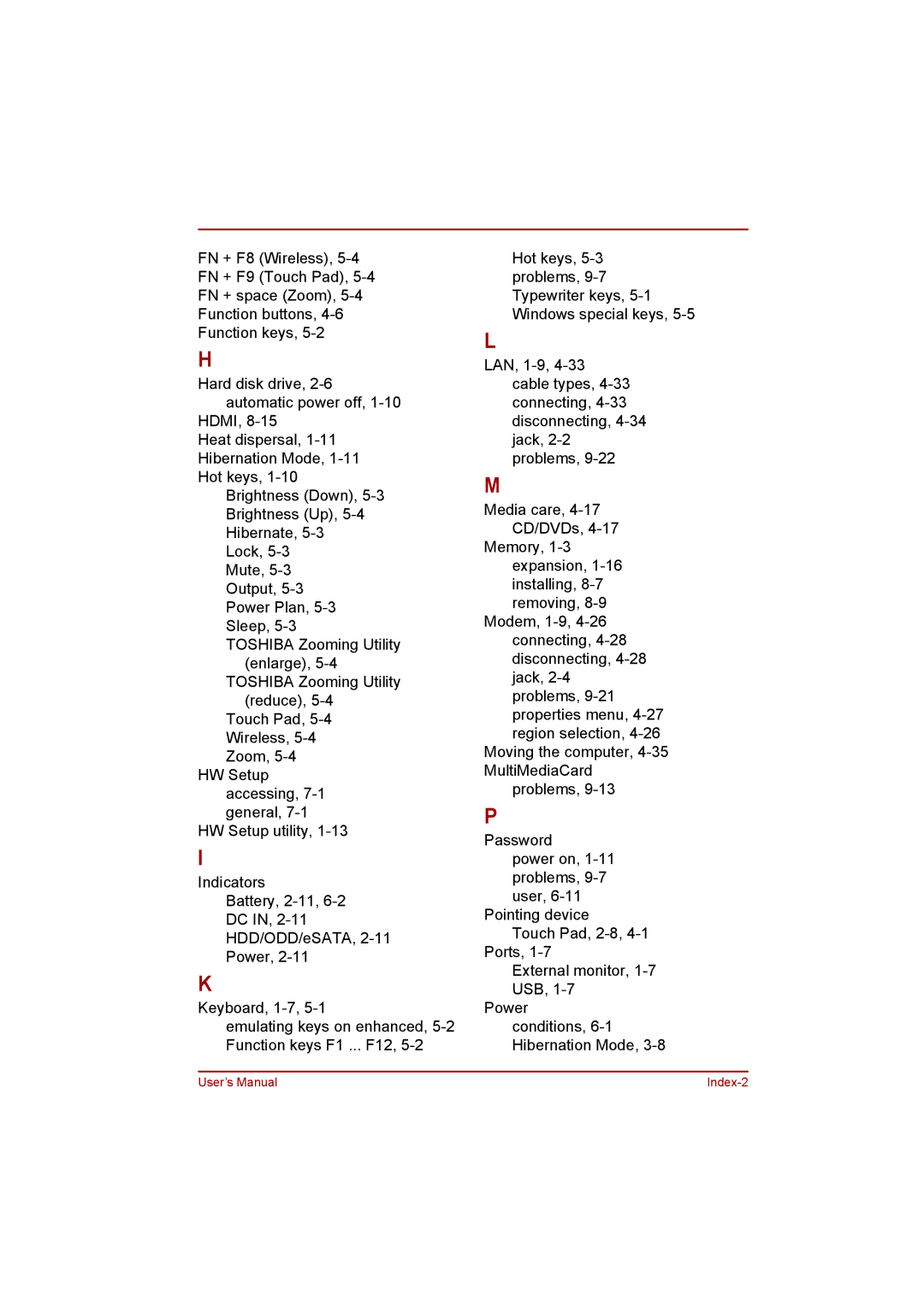 Toshiba toshiba satellite l550/ satellite pro l550/ satellite l550d/ satellite pro l550d series User’s Manual Index-2 