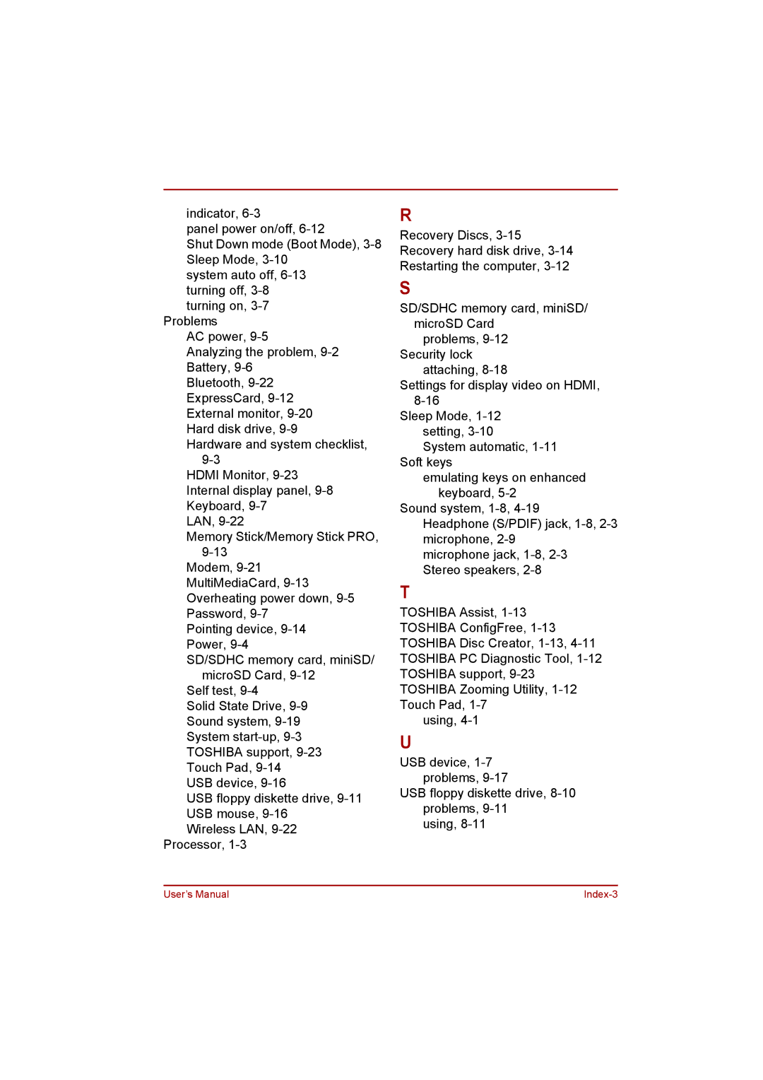 Toshiba toshiba satellite l550/ satellite pro l550/ satellite l550d/ satellite pro l550d series User’s Manual Index-3 