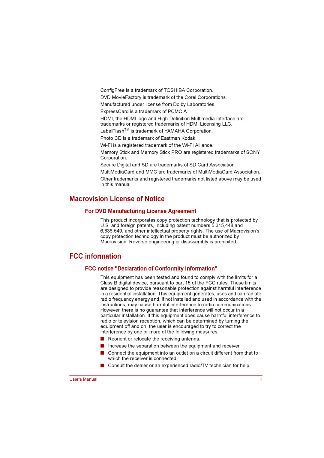 Toshiba toshiba satellite l550/ satellite pro l550/ satellite l550d/ satellite pro l550d series user manual FCC information 