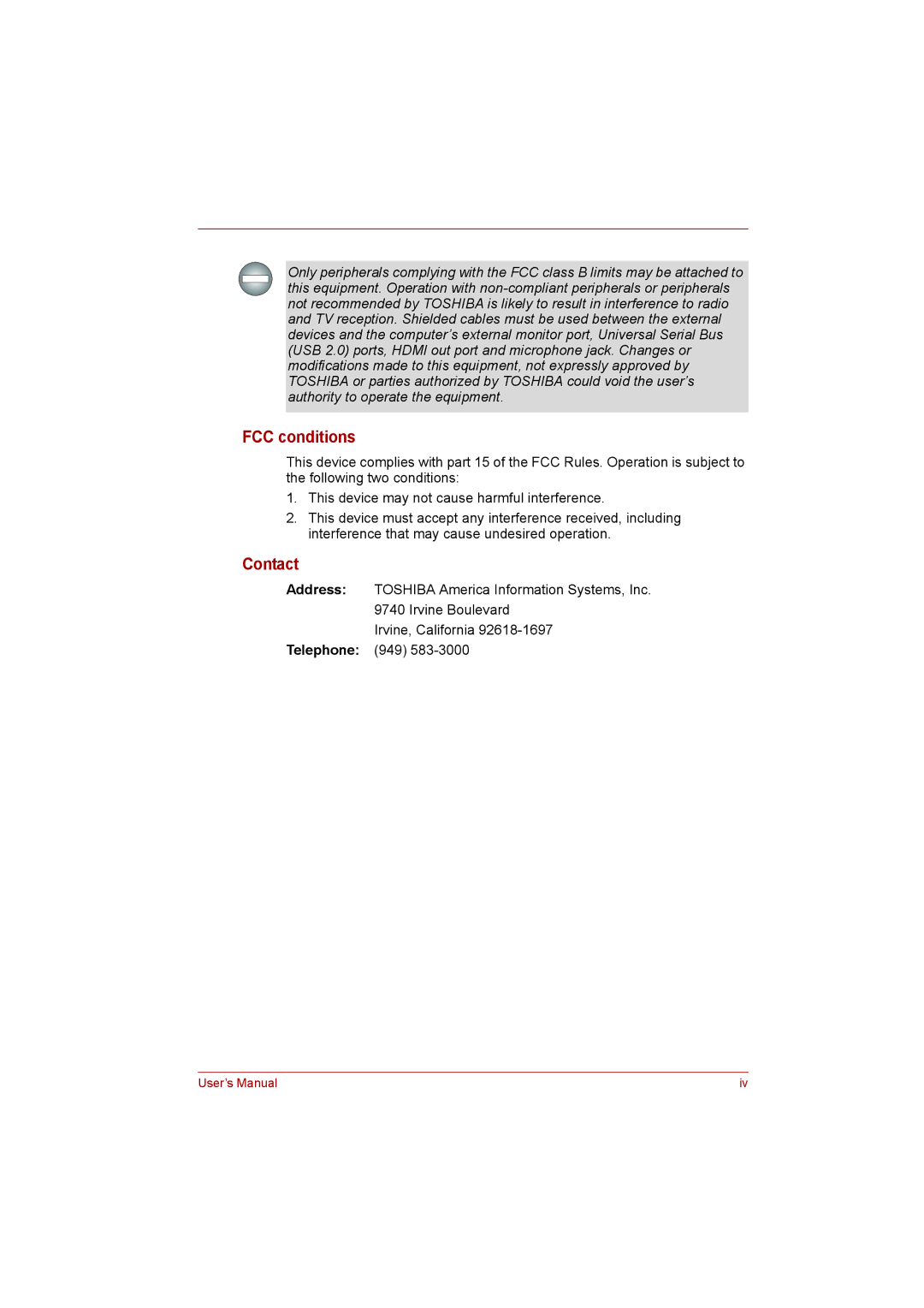 Toshiba toshiba satellite l550/ satellite pro l550/ satellite l550d/ satellite pro l550d series FCC conditions, Contact 