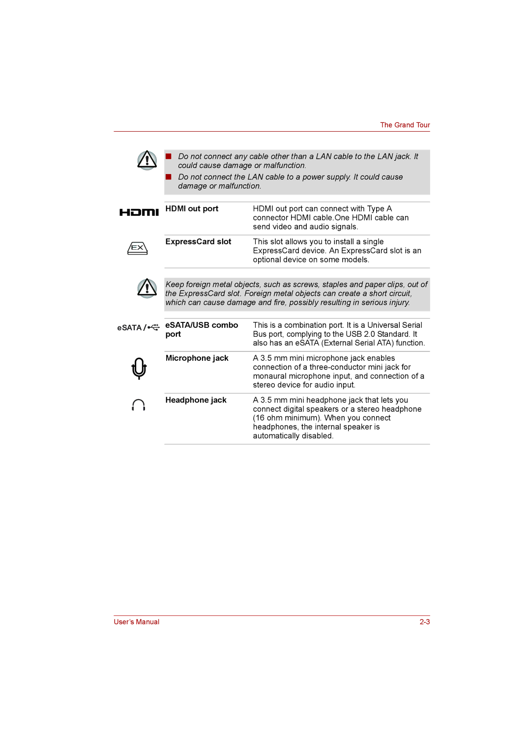 Toshiba toshiba satellite l550/ satellite pro l550/ satellite l550d/ satellite pro l550d series user manual Hdmi out port 