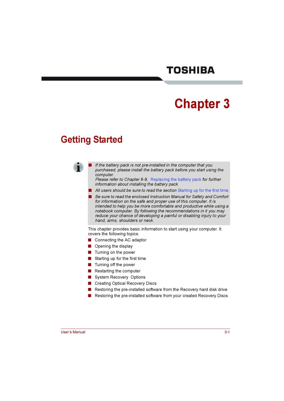 Toshiba toshiba satellite l550/ satellite pro l550/ satellite l550d/ satellite pro l550d series user manual Getting Started 