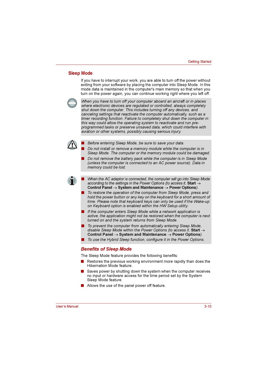 Toshiba toshiba satellite l550/ satellite pro l550/ satellite l550d/ satellite pro l550d series user manual Sleep Mode 