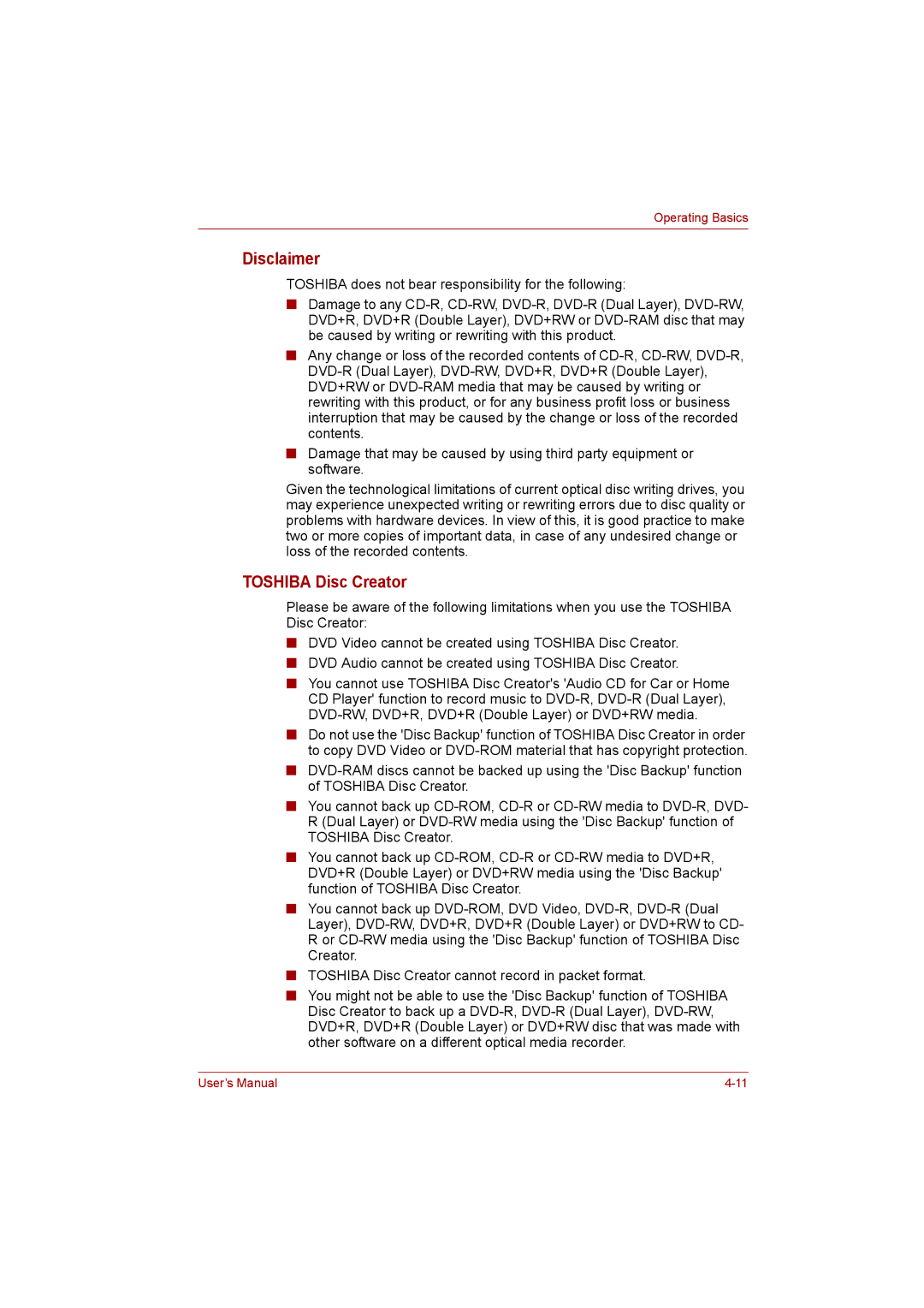 Toshiba toshiba satellite l550/ satellite pro l550/ satellite l550d/ satellite pro l550d series user manual Disclaimer 