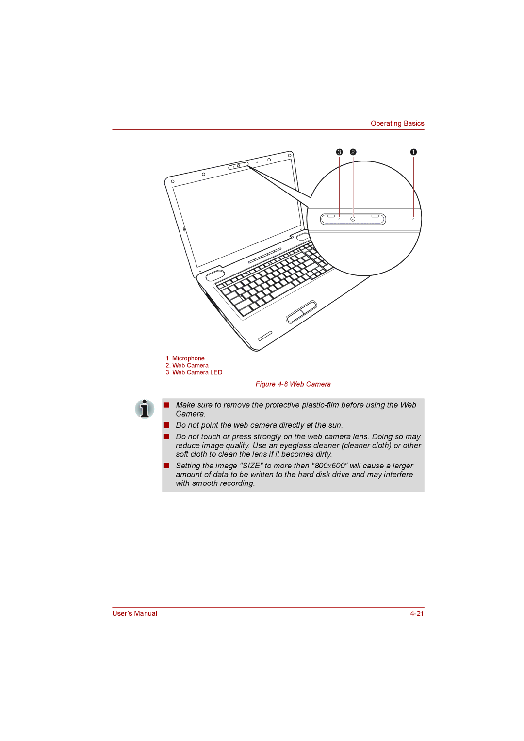 Toshiba toshiba satellite l550/ satellite pro l550/ satellite l550d/ satellite pro l550d series user manual Web Camera 