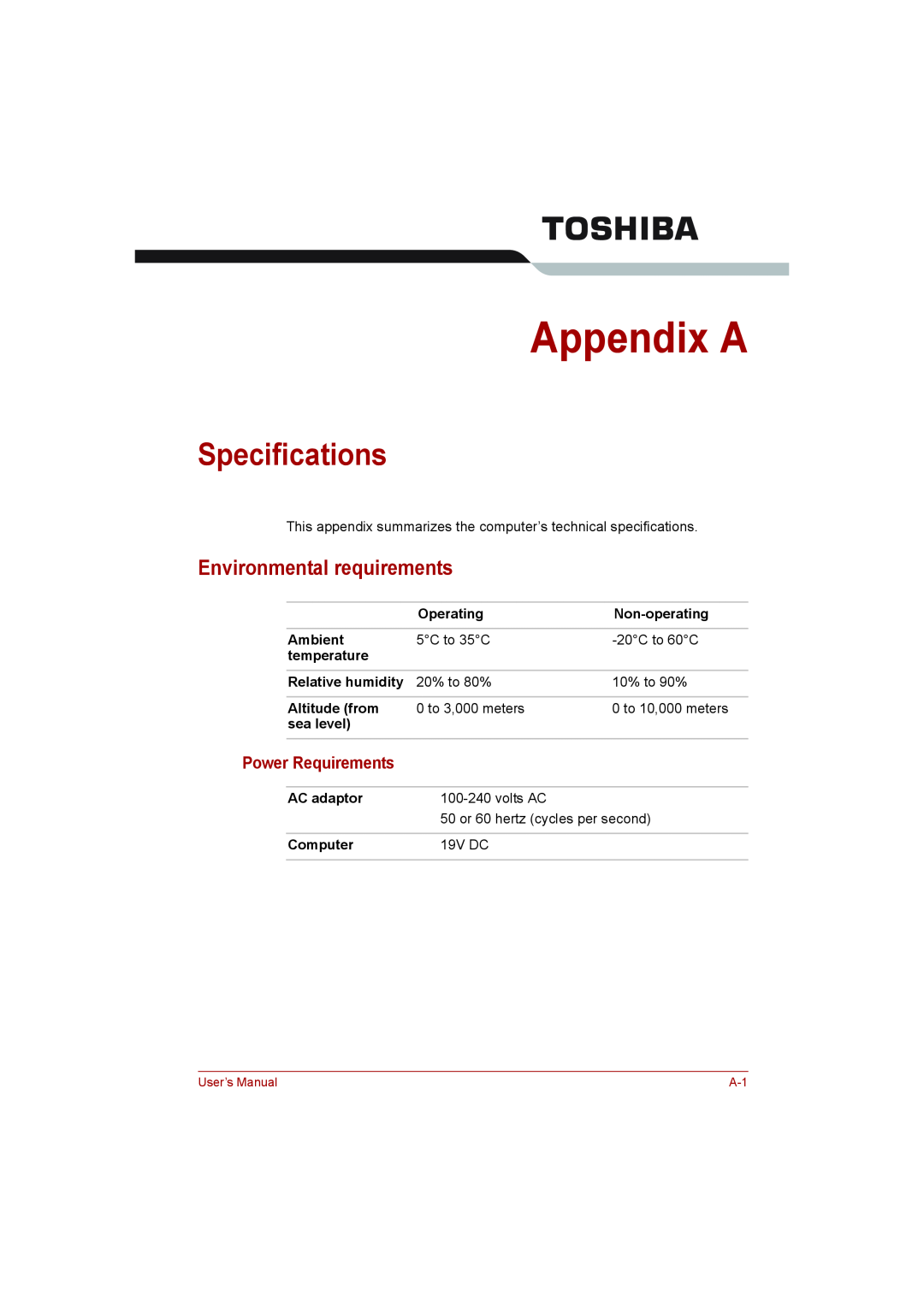 Toshiba toshiba satellite l550/ satellite pro l550/ satellite l550d/ satellite pro l550d series Appendix A, Specifications 