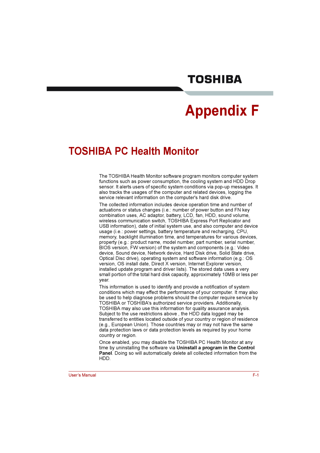 Toshiba toshiba satellite l550/ satellite pro l550/ satellite l550d/ satellite pro l550d series user manual Appendix F 