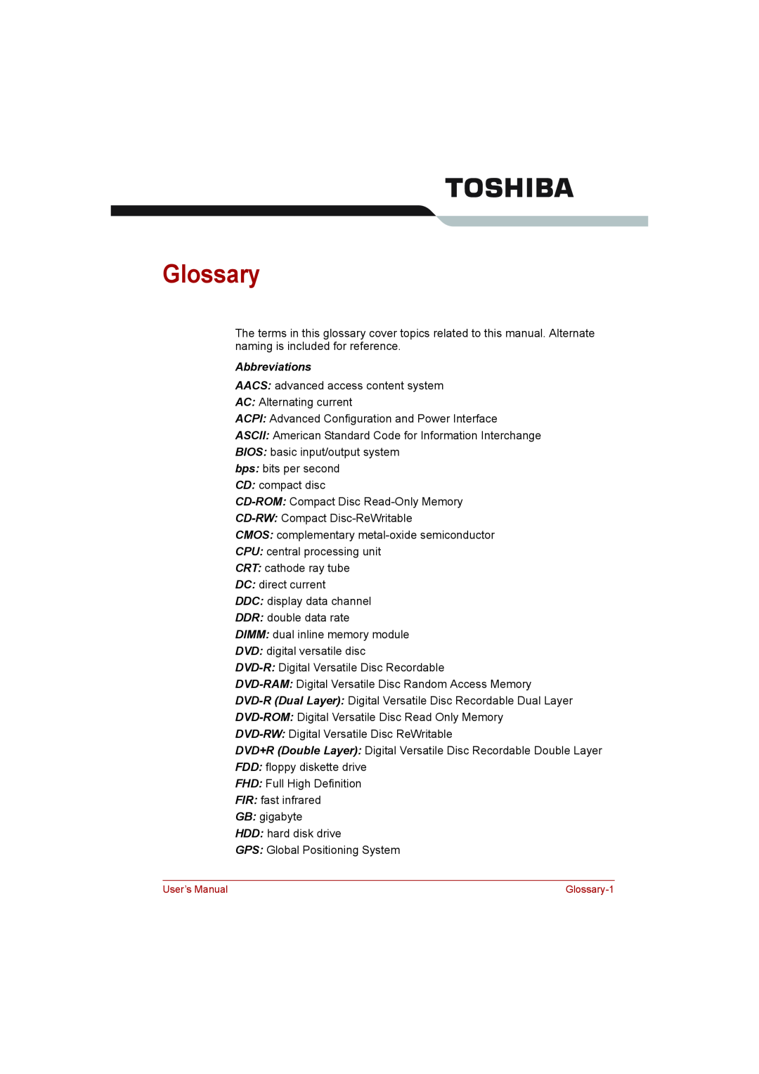 Toshiba toshiba satellite l550/ satellite pro l550/ satellite l550d/ satellite pro l550d series Glossary, Abbreviations 