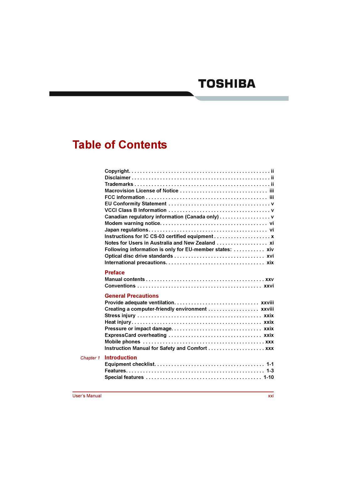 Toshiba toshiba satellite l550/ satellite pro l550/ satellite l550d/ satellite pro l550d series Table of Contents, Preface 