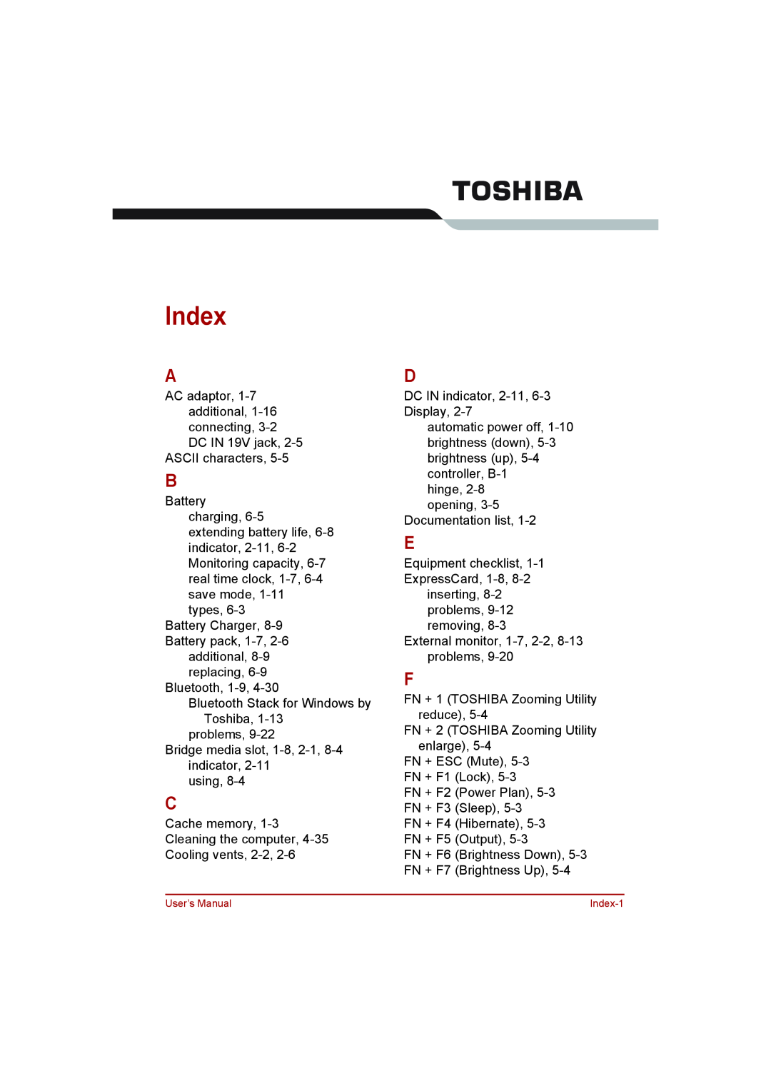 Toshiba toshiba satellite l550/ satellite pro l550/ satellite l550d/ satellite pro l550d series user manual Index 