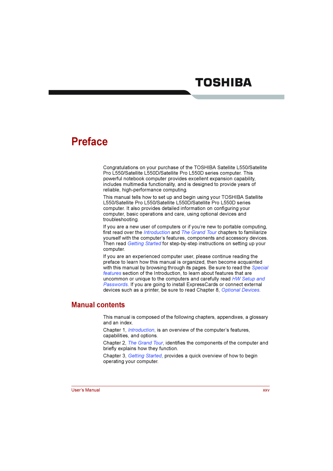 Toshiba toshiba satellite l550/ satellite pro l550/ satellite l550d/ satellite pro l550d series Preface, Manual contents 
